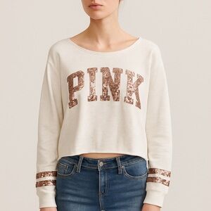 PINK Victoria’s Secret Retro 90s Rose Gold Sequin Logo White Sweatshirt Size S